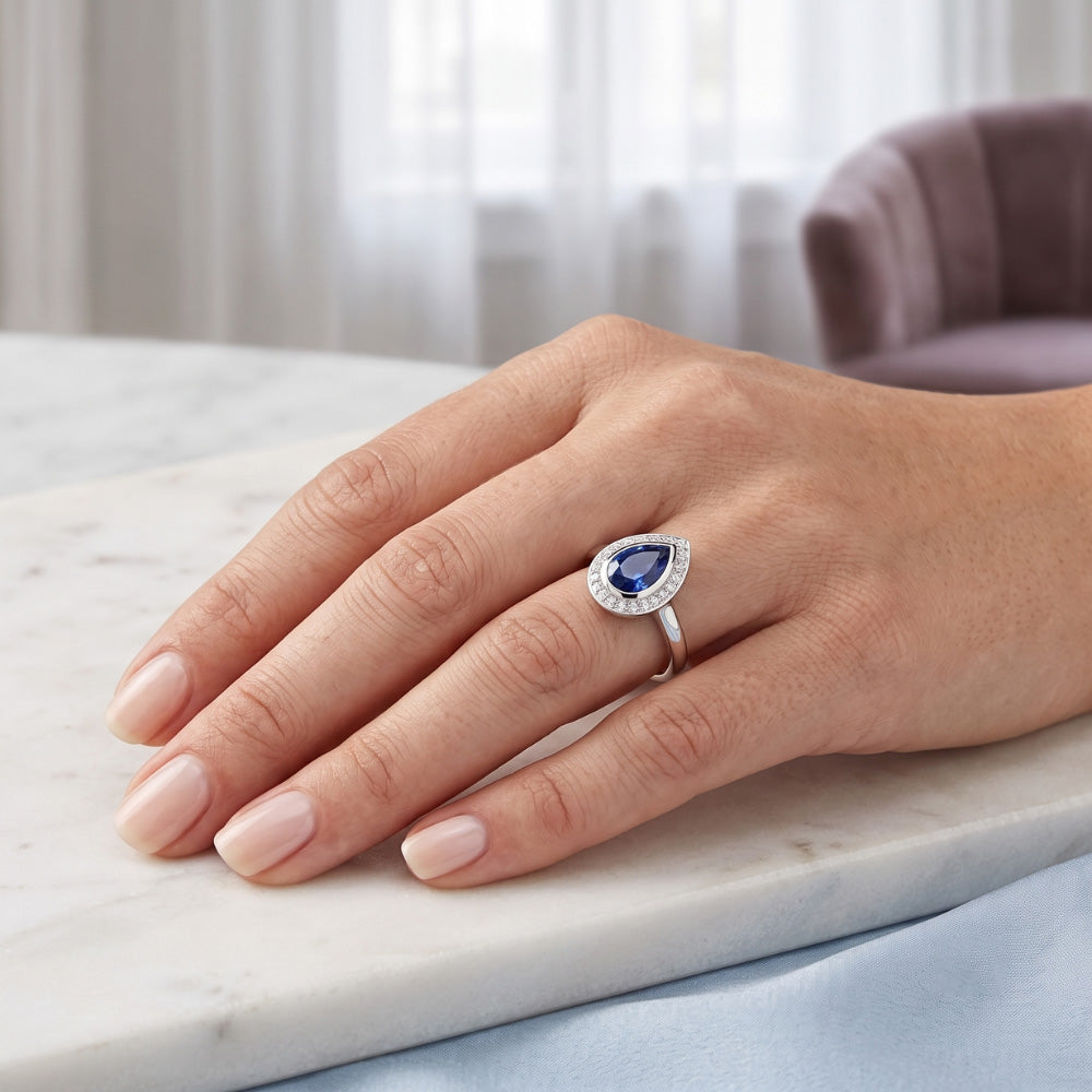 1.30 Ct Ceylon Sapphire Pear Natural Earth Mined Diamonds Wedding Ring