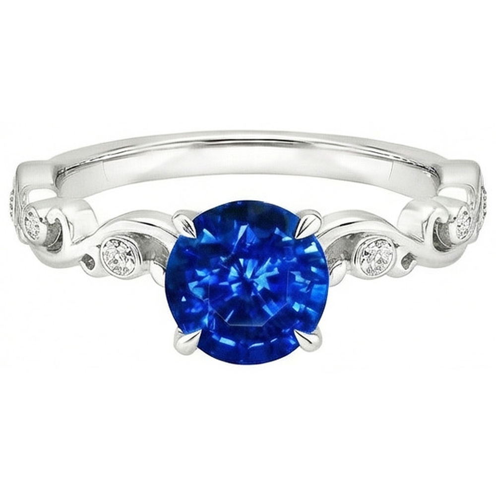 1.60 Ct Blue Round Sapphire And Natural Earth Mined Diamond Ring