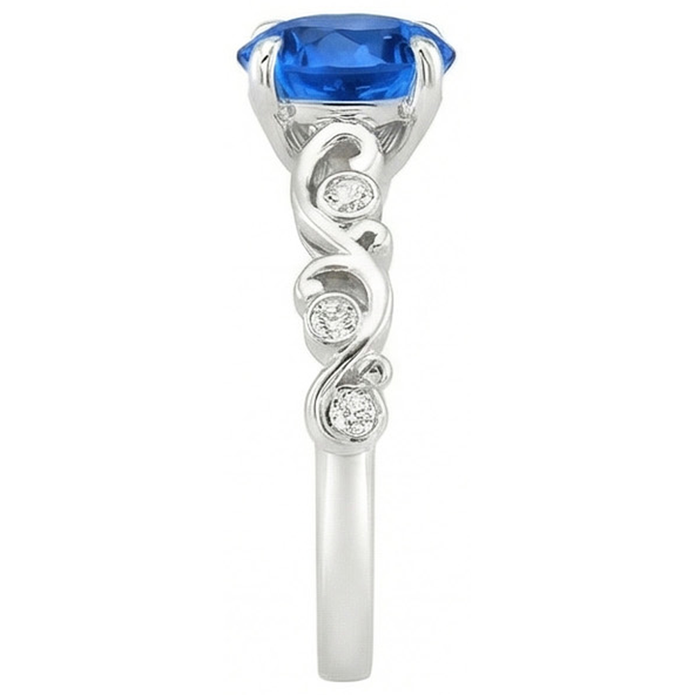 1.60 Ct Blue Round Sapphire And Natural Earth Mined Diamond Ring