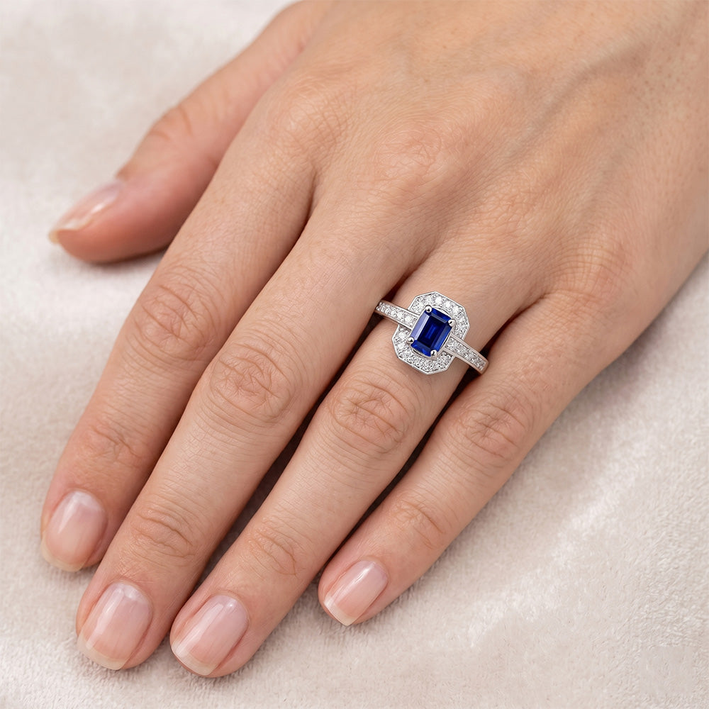 1.70 Carats Emerald Cut Ceylon Sapphire Natural Earth Mined Diamond Ring White Gold 14K