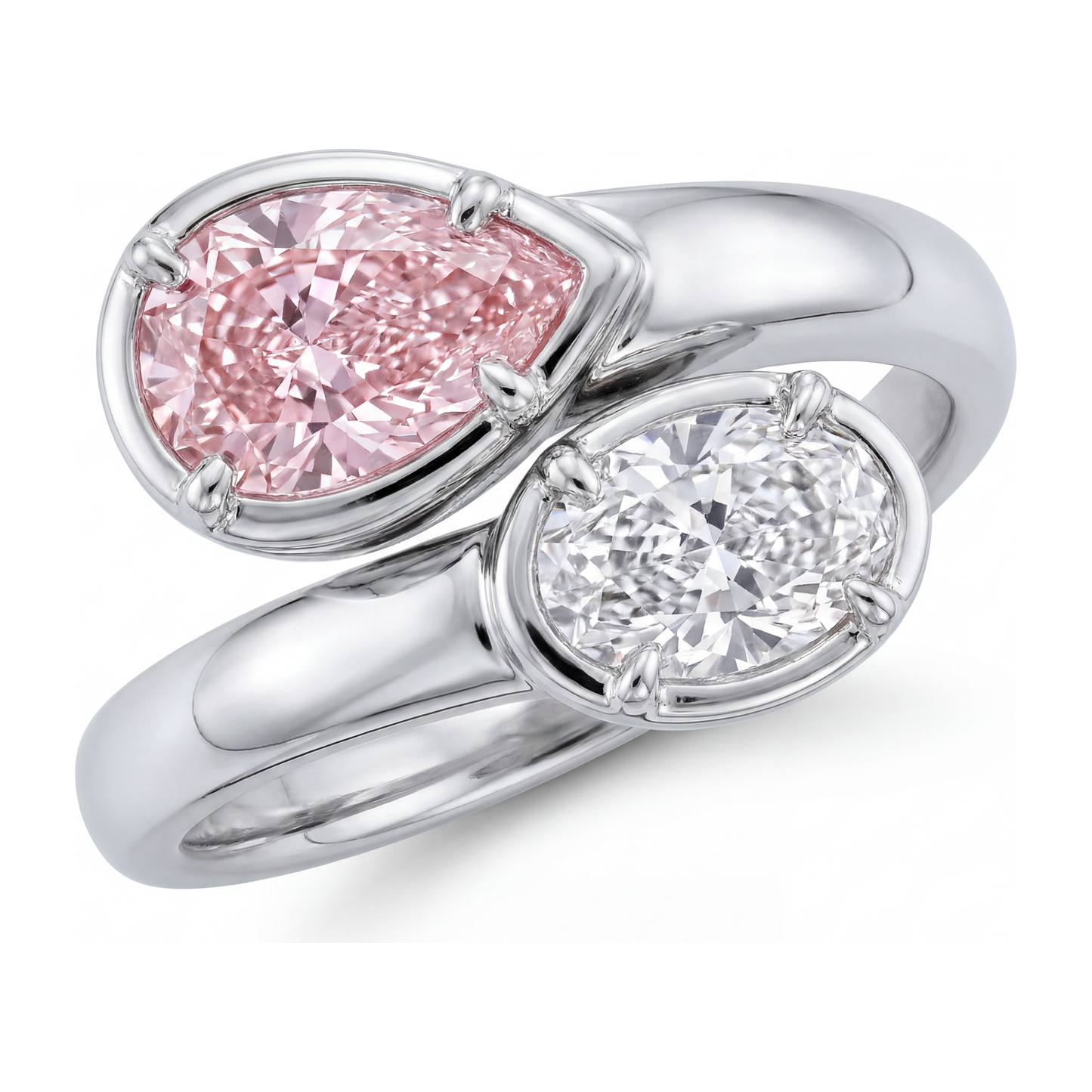 1.75 Carat Oval Pink Lab Grown Diamond and White Diamond Bypass Ring 14K White Gold