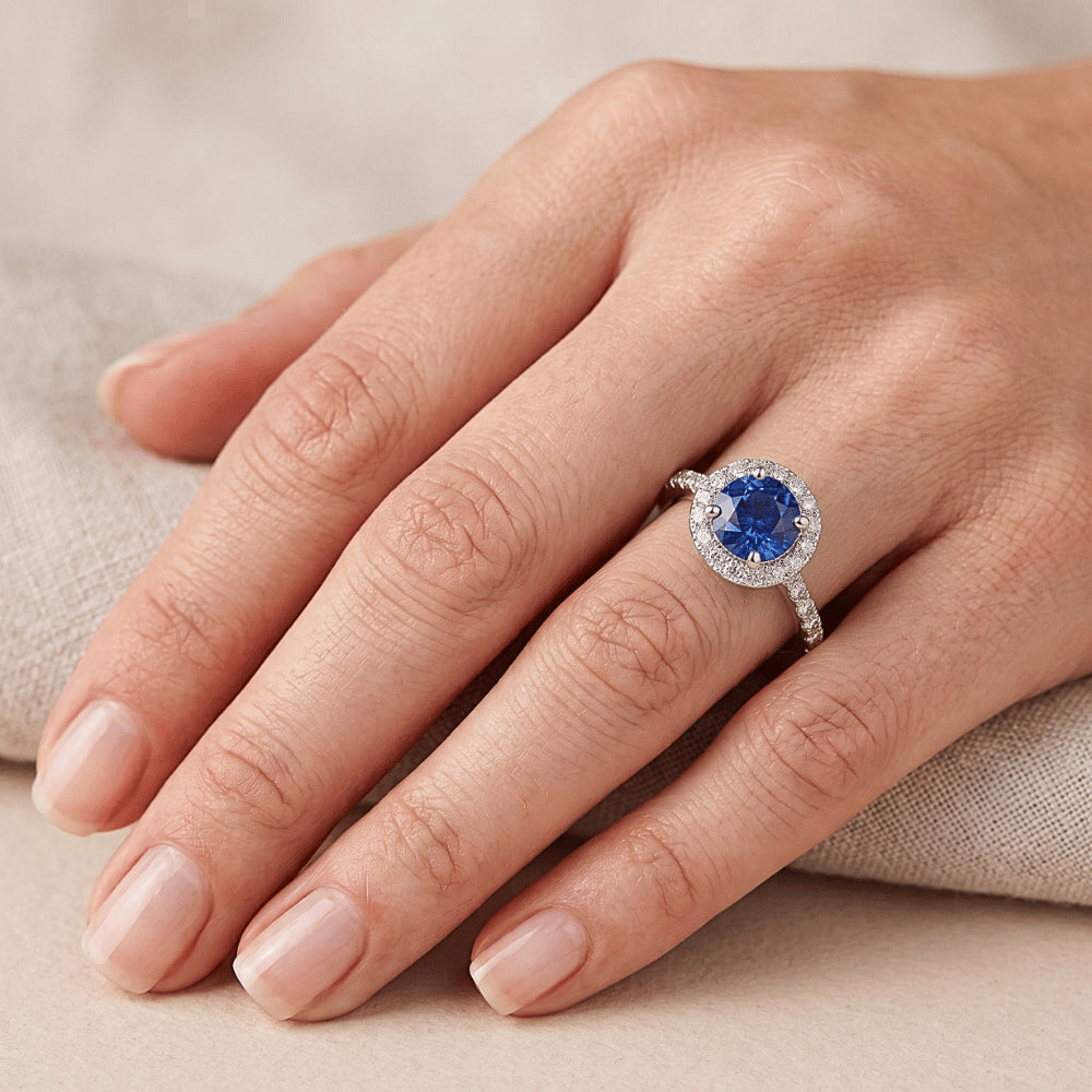 1.80 Ct Round Sri Lanka Sapphire Ring Halo Natural Earth Mined Diamond White Gold