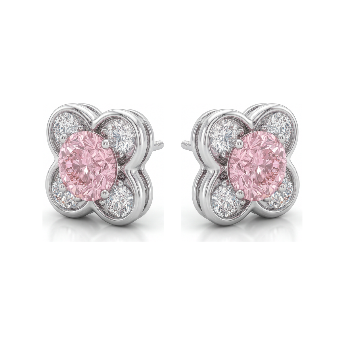 1 Carat Round Pink Lab Grown Diamond and White Diamond Cluster Earrings 14K White Gold