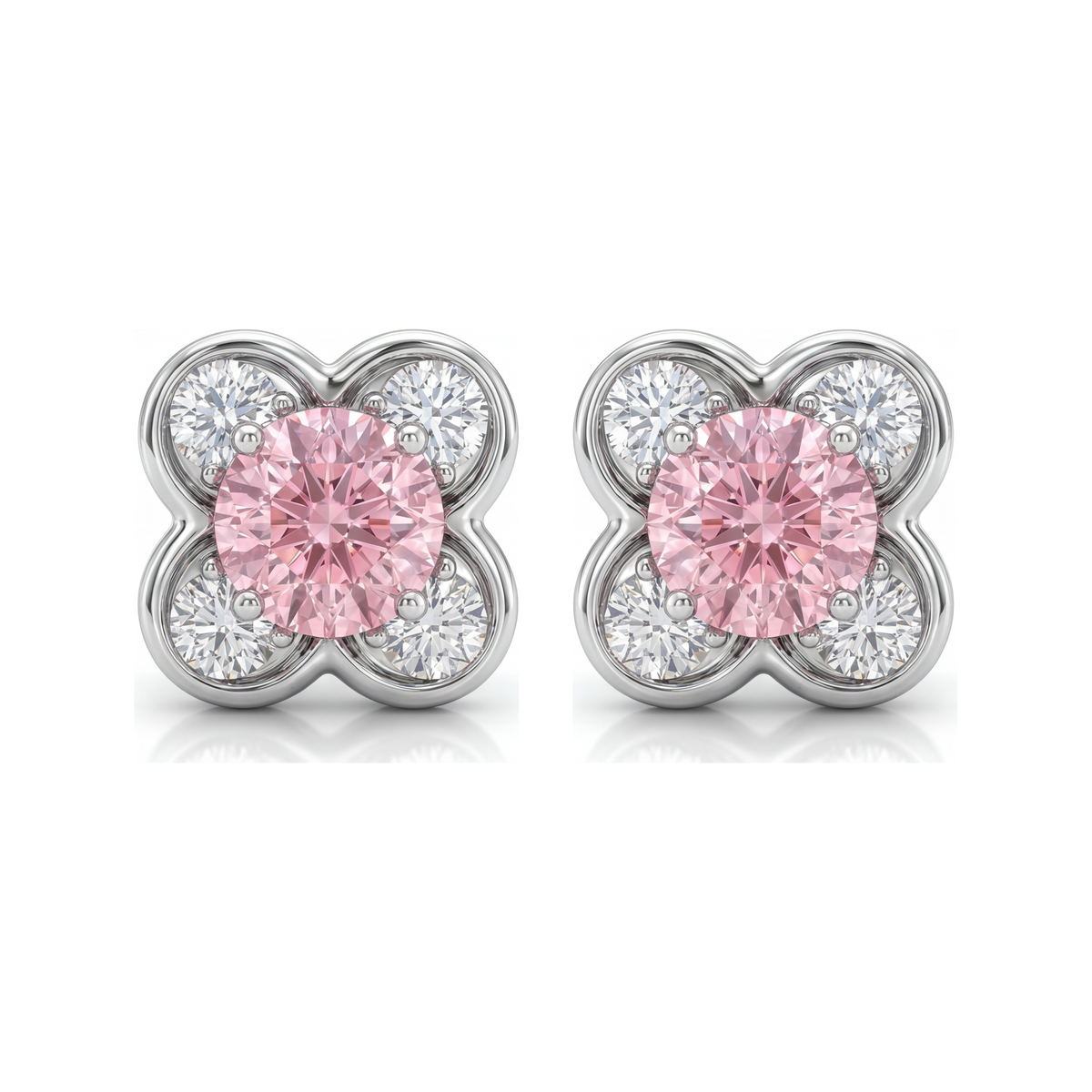 1 Carat Round Pink Lab Grown Diamond and White Diamond Cluster Earrings 14K White Gold