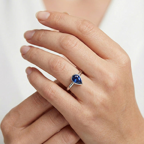 1.50 Carats Blue Sapphire Solitaire Ring Bezel Set Pear Shape Gold 14K