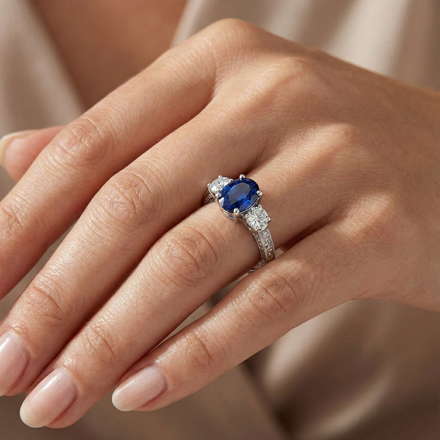 1.5 Ct Oval Sri Lanka Sapphire And Natural Earth Mined Diamond Three Stone Ring Gold 14K