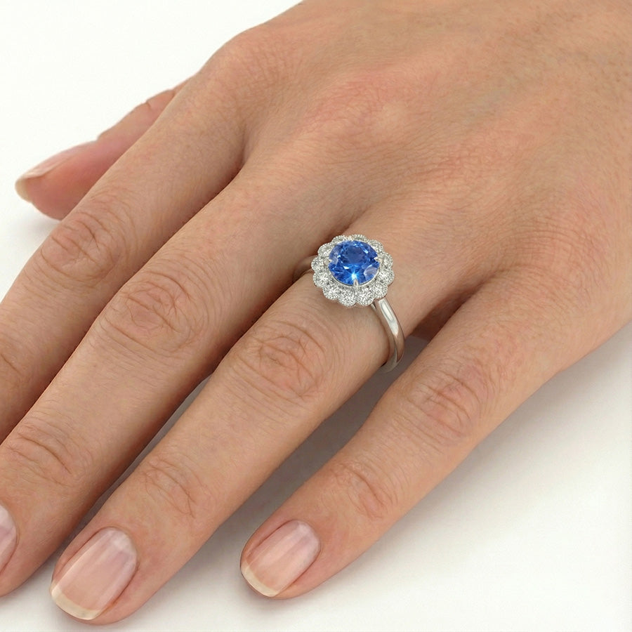 1.6 Ct Round Natural Earth Mined Diamond And Sapphire Gemstone Ring 14K White Gold