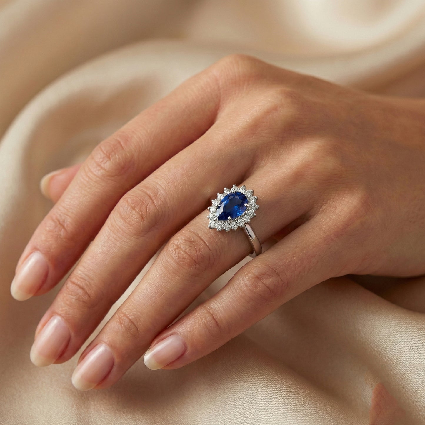 1.75 Ct Blue Pear Cut Sapphire With Natural Earth Mined Diamond Ring Lady Gold