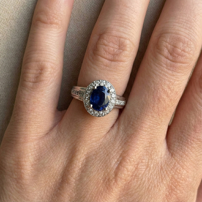 1.80 Carat Sri Lankan Sapphire And Round Natural Earth Mined Diamonds Ring 14K White Gold