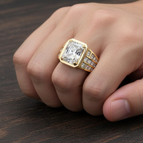 10 Ct. Radiant Cut Lab Grown Diamond Men's Ring White Gold 10K