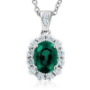 12 Carats Prong Green Emerald & Diamonds Gemstone Pendant 14K White Gold