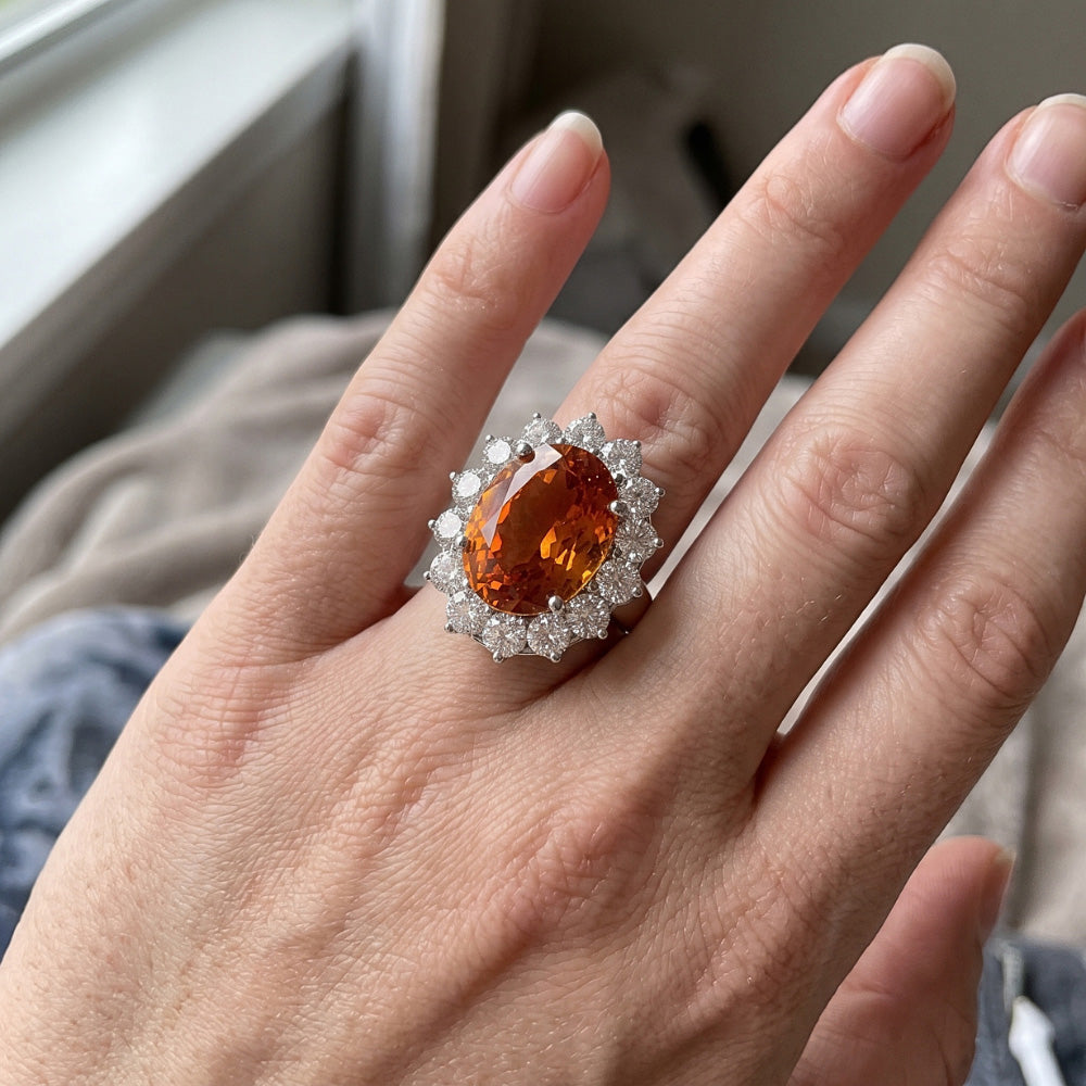 13 Ct Oval Mandarin Garnet With Round Natural Earth Mined Diamonds Ring White Gold