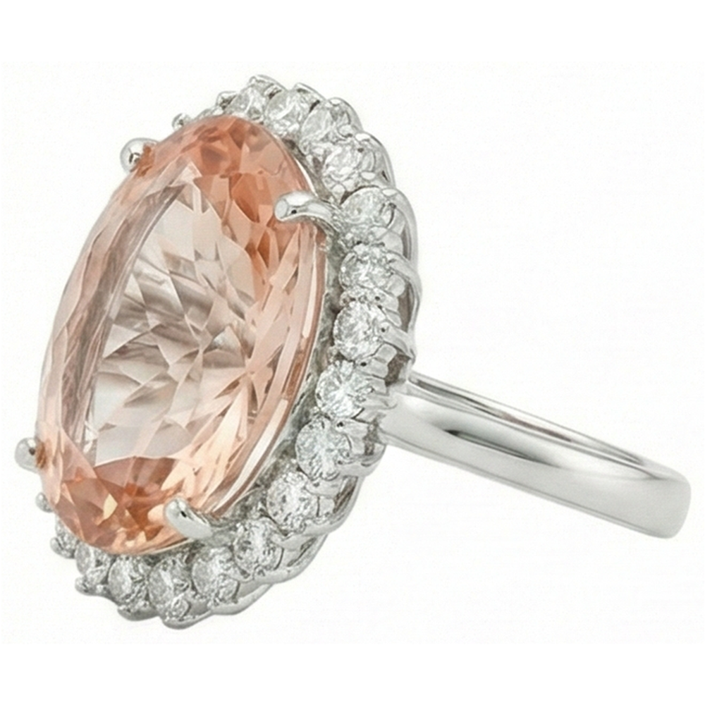 14.25 Ct. Big Oval Morganite With Small Natural Earth Mined Diamonds Ring White Gold 14K
