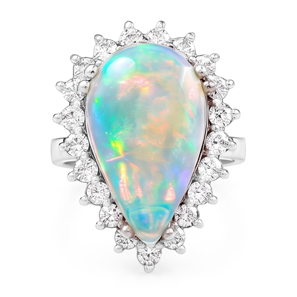 14.25 Ct Ladies Pear Opal And Round Natural Earth Mined Diamonds Ring White Gold 14K