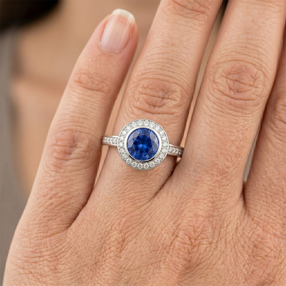 14K Bezel Ceylon Sapphire Natural Earth Mined Diamond Engagement Ring 3.42 Carats