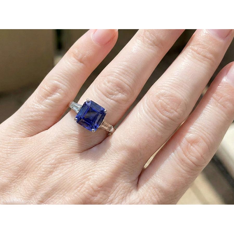 14K Gold 3 Stone Ring Radiant Sapphire & Baguette Natural Earth Mined Diamonds 3.50 Carats