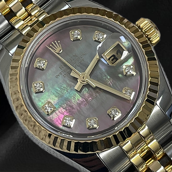 179173 Date-just Rolex 26mm Black Mother of Pearl Diamond Lady's Watch
