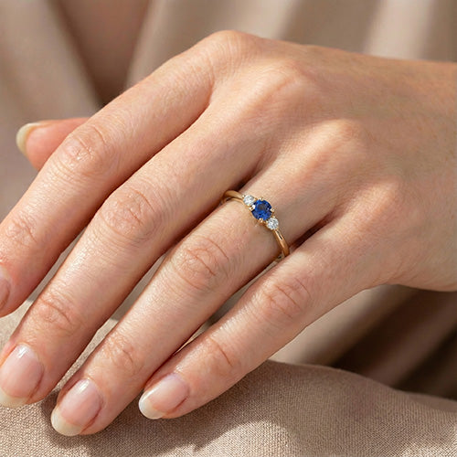 1 Carat Three Stone Natural Earth Mined Diamond and Gemstone Engagement Ring 14K Yellow Gold