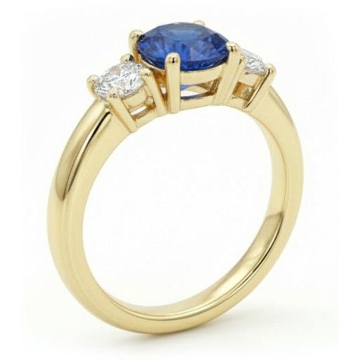 1 Carat Three Stone Natural Earth Mined Diamond and Gemstone Engagement Ring 14K Yellow Gold