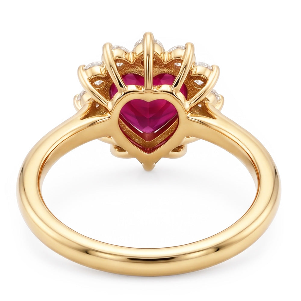 2.25 Carats Heart Cut Ruby And Natural Earth Mined Diamond Ring Yellow Gold 14K