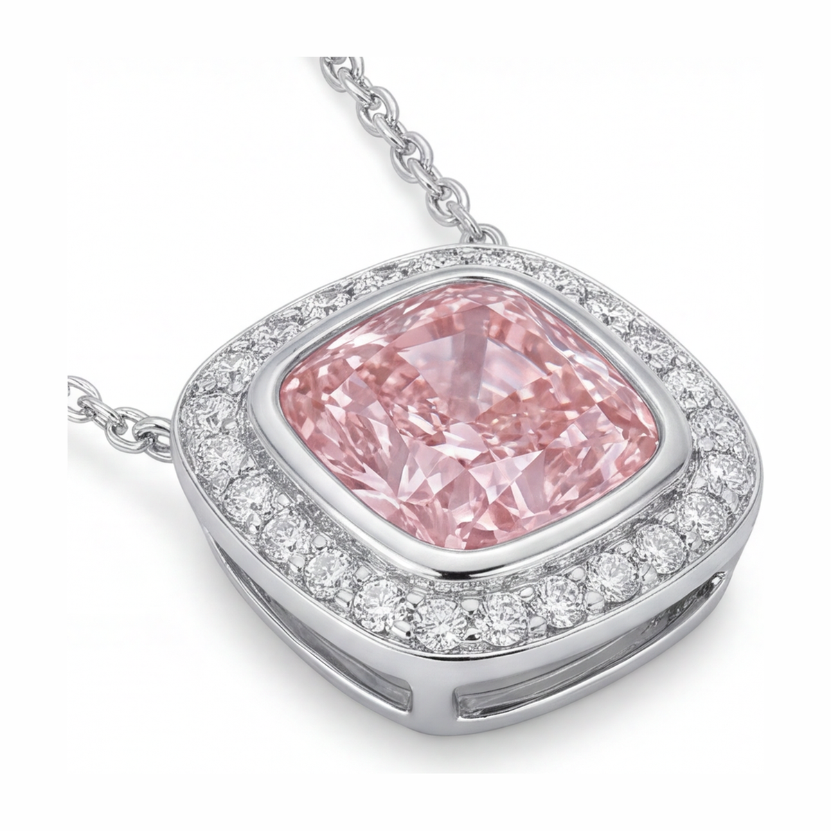 2.25 Carat Cushion Pink Lab Grown Diamond and White Diamond Halo Pendant 14K White Gold