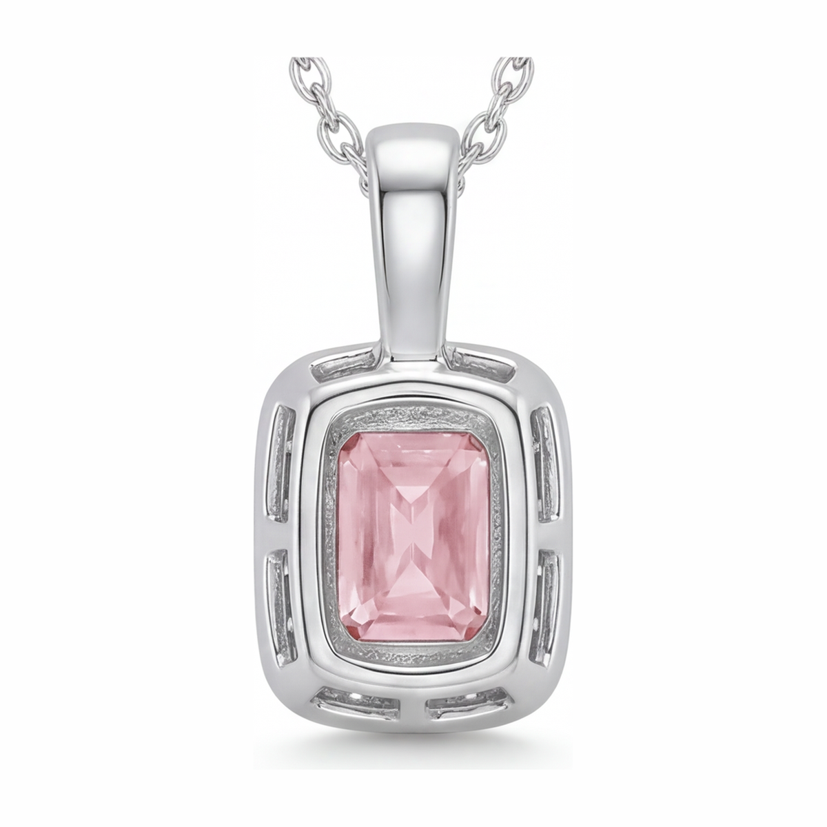 2.25 Carat Radiant Pink Lab Grown Diamond and White Diamond Halo Pendant 14K White Gold