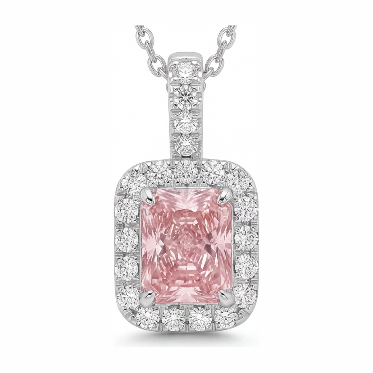 2.25 Carat Radiant Pink Lab Grown Diamond and White Diamond Halo Pendant 14K White Gold