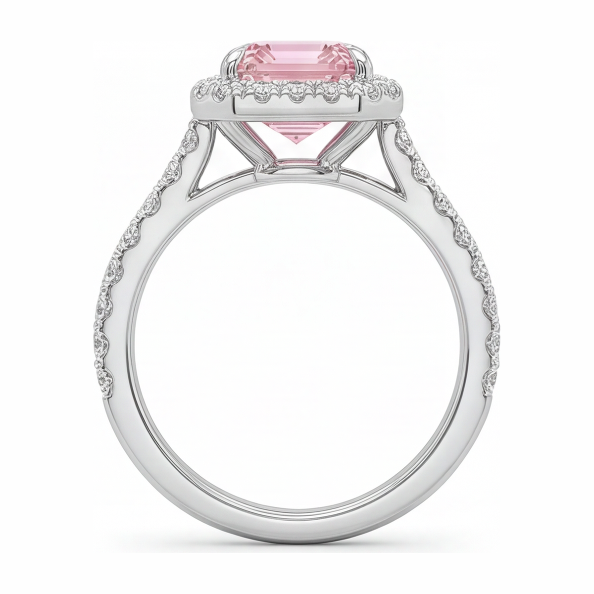 2.5 Carat Emerald Pink Lab Grown Diamond and White Diamond Halo Ring 14K White Gold