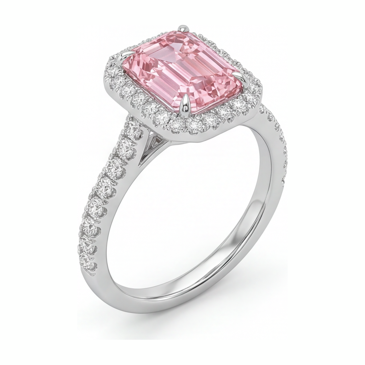 2.5 Carat Emerald Pink Lab Grown Diamond and White Diamond Halo Ring 14K White Gold