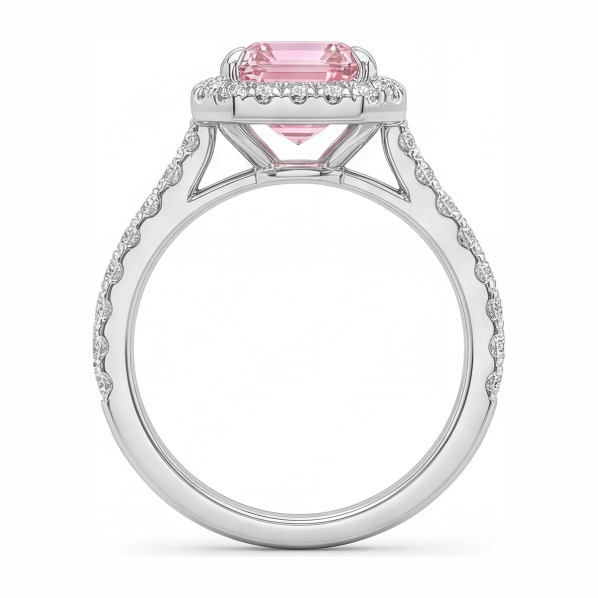 2.5 Carat Emerald Pink Lab Grown Diamond and White Diamond Halo Ring 14K White Gold