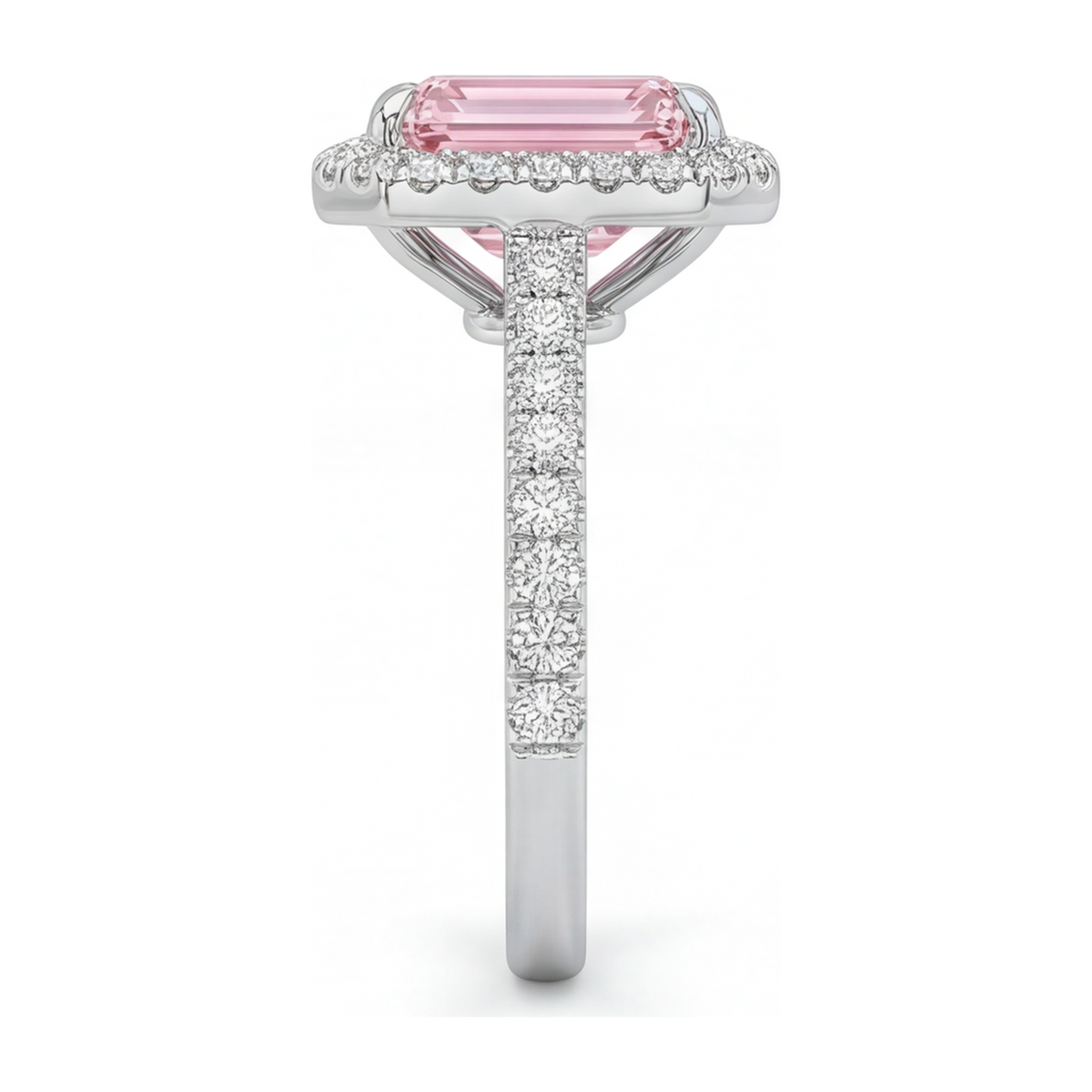 2.5 Carat Emerald Pink Lab Grown Diamond and White Diamond Halo Ring 14K White Gold