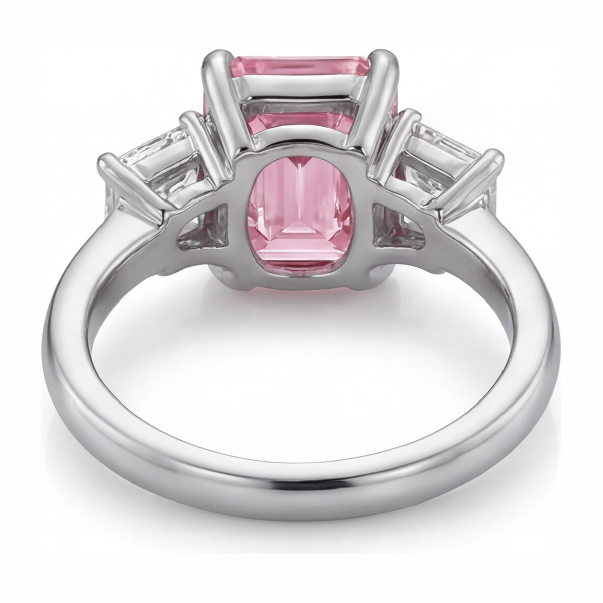 2.5 Carat Emerald Pink Lab Grown Diamond and White Diamond Three Stone Ring 14K White Gold