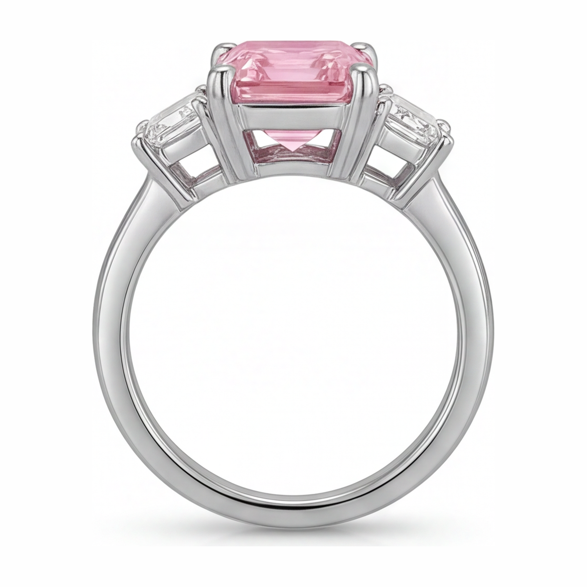 2.5 Carat Emerald Pink Lab Grown Diamond and White Diamond Three Stone Ring 14K White Gold