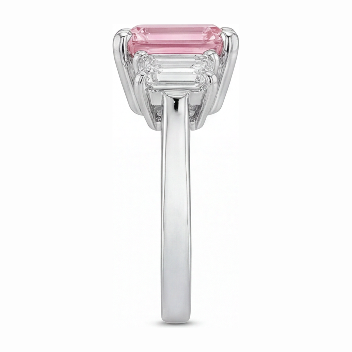 2.5 Carat Emerald Pink Lab Grown Diamond and White Diamond Three Stone Ring 14K White Gold
