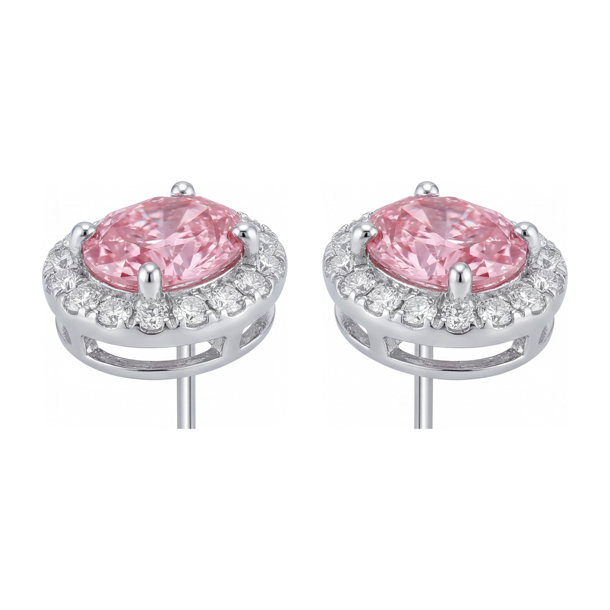 2.5 Carat Oval Pink Lab Grown Diamond and White Diamond Halo Earrings 14K White Gold