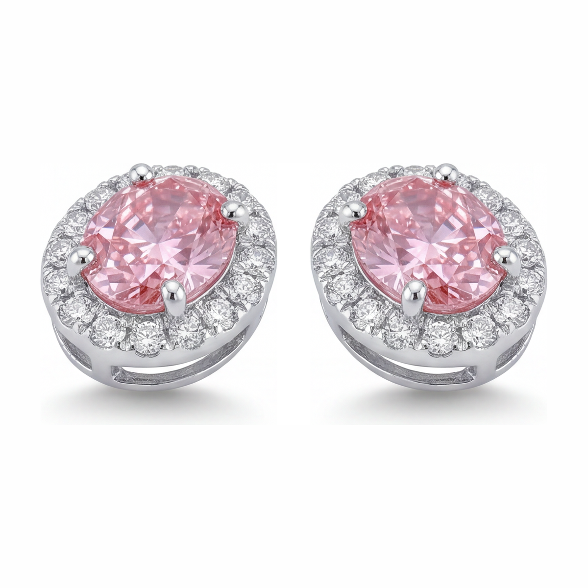 2.5 Carat Oval Pink Lab Grown Diamond and White Diamond Halo Earrings 14K White Gold
