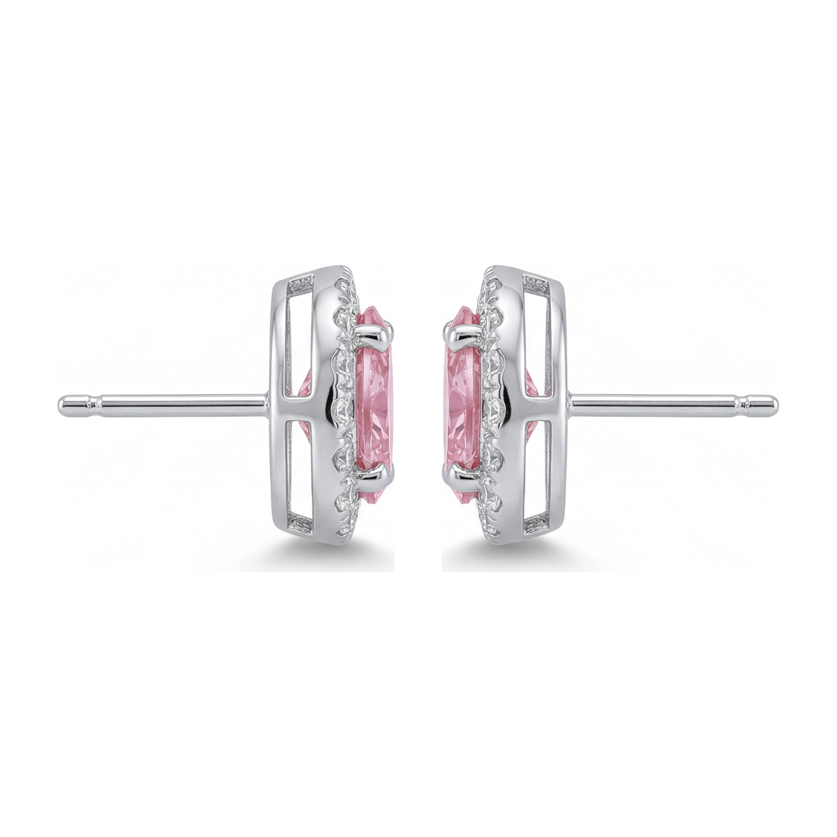 2.5 Carat Oval Pink Lab Grown Diamond and White Diamond Halo Earrings 14K White Gold