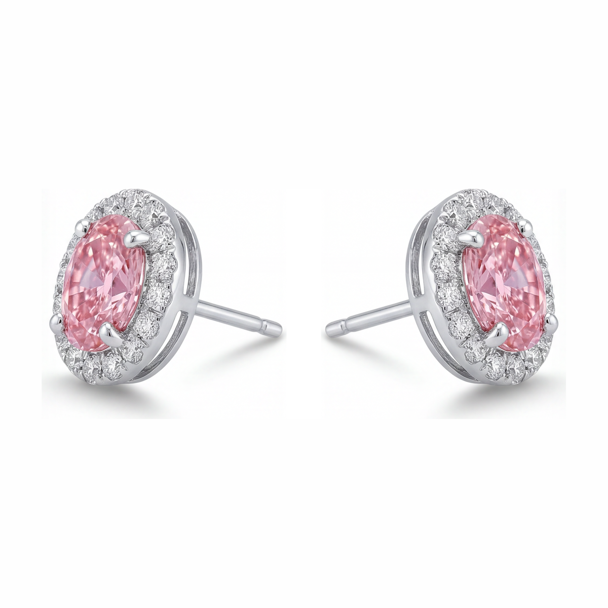 2.5 Carat Oval Pink Lab Grown Diamond and White Diamond Halo Earrings 14K White Gold