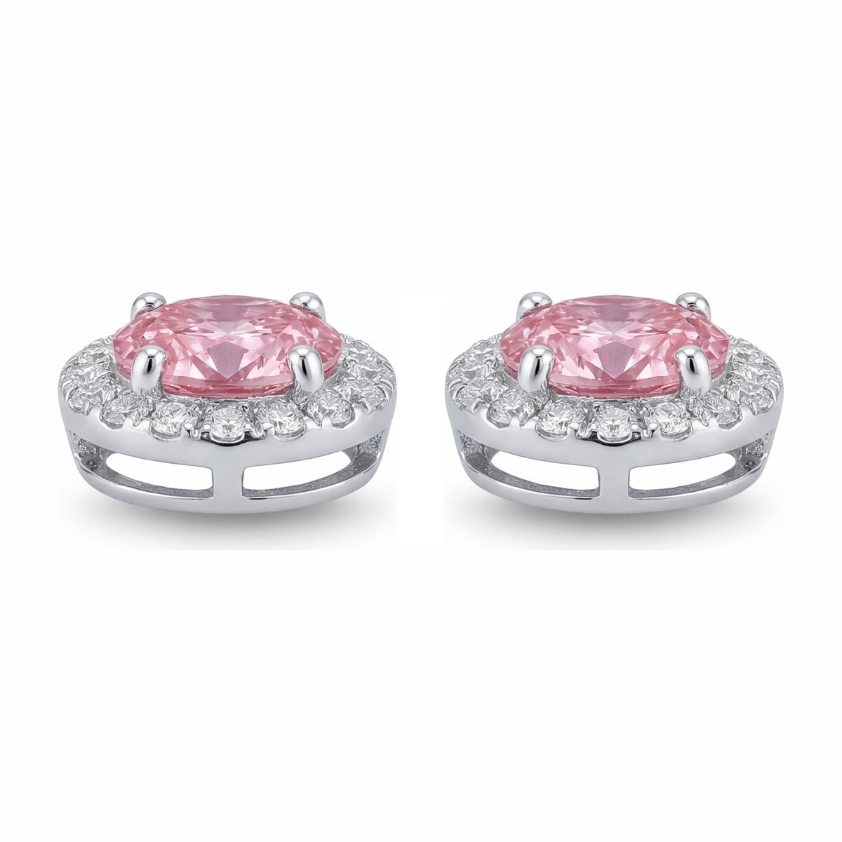 2.5 Carat Oval Pink Lab Grown Diamond and White Diamond Halo Earrings 14K White Gold