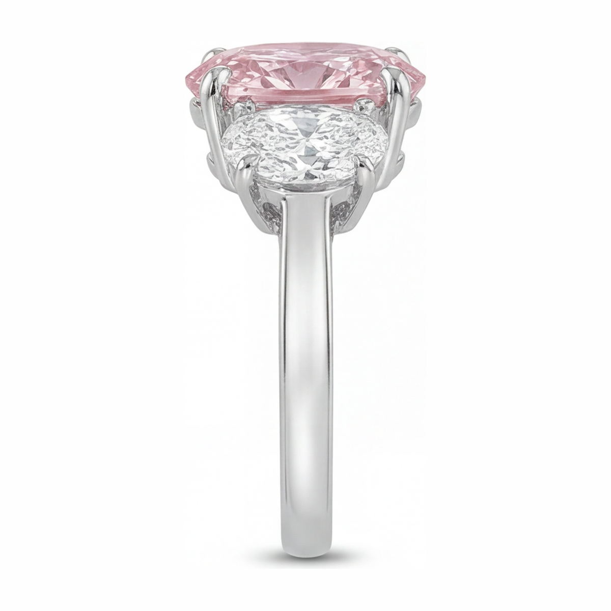2.5 Carat Oval Pink Lab Grown Diamond and White Diamond Three Stone Ring 14K White Gold