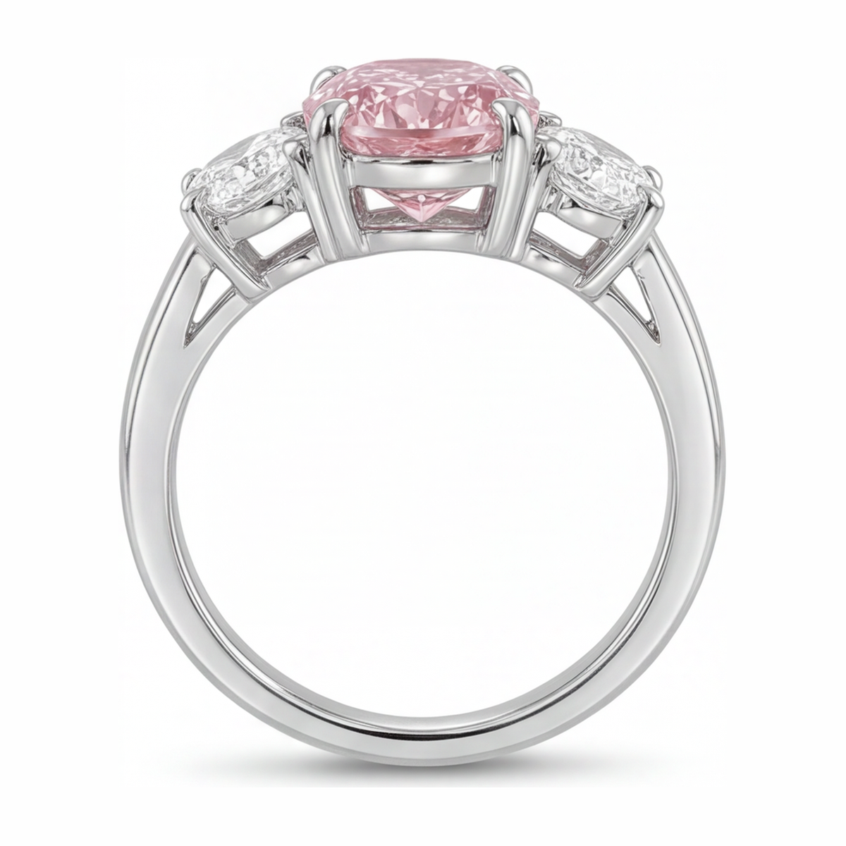 2.5 Carat Oval Pink Lab Grown Diamond and White Diamond Three Stone Ring 14K White Gold