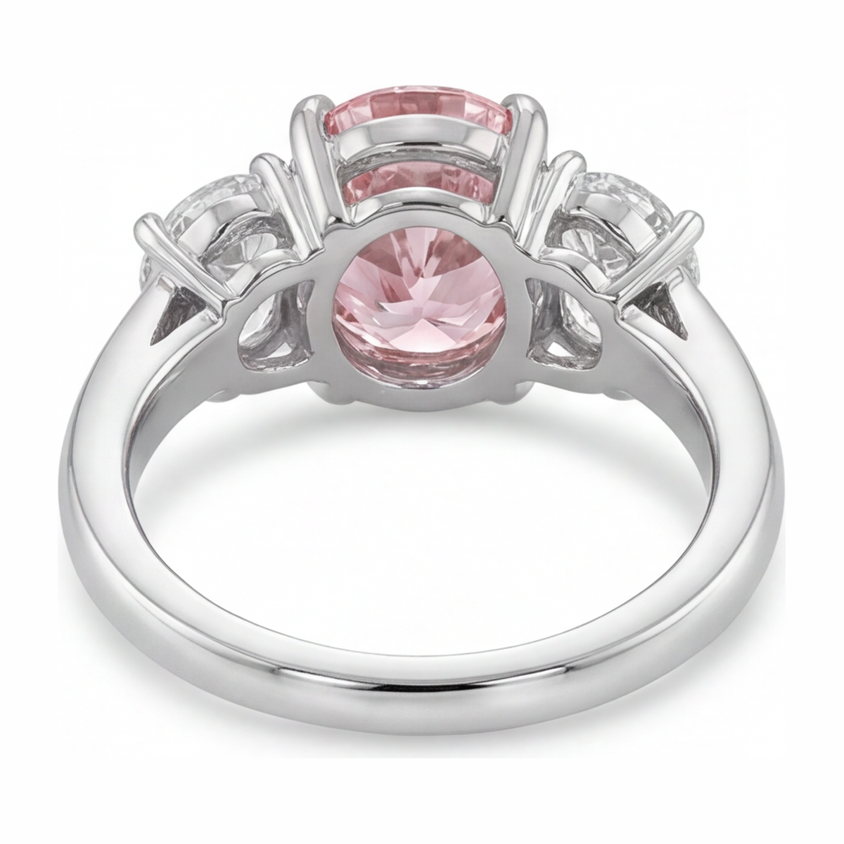 2.5 Carat Oval Pink Lab Grown Diamond and White Diamond Three Stone Ring 14K White Gold