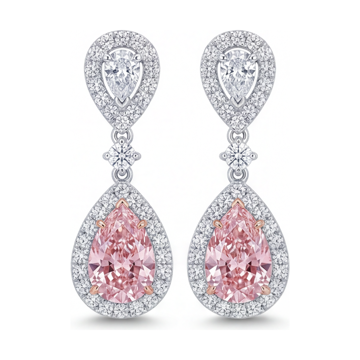2.5 Carat Pear Pink Lab Grown Diamond and White Diamond Halo Earrings 14K White Gold