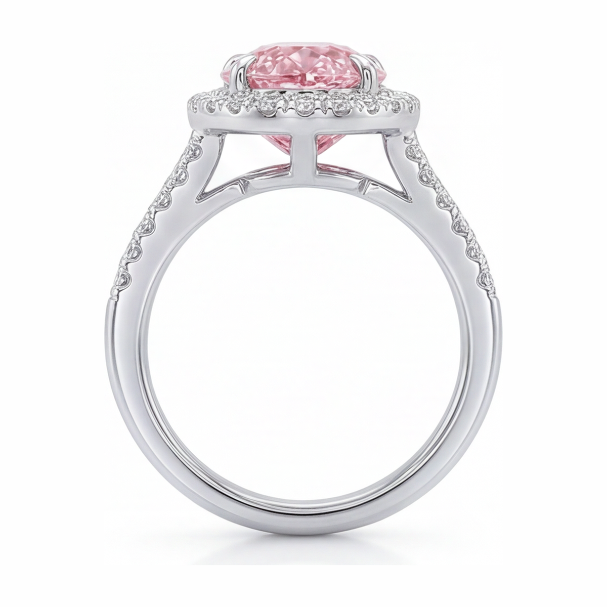 2.5 Carat Pear Pink Lab Grown Diamond and White Diamond Halo Ring 14K White Gold