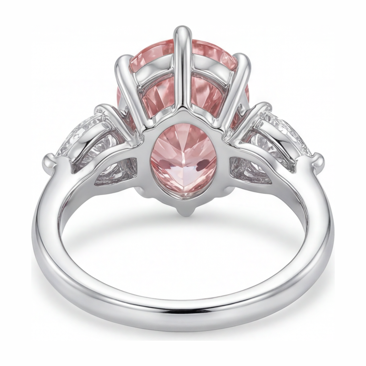 2.5 Carat Pear Pink Lab Grown Diamond and White Diamond Three Stone Ring 14K White Gold