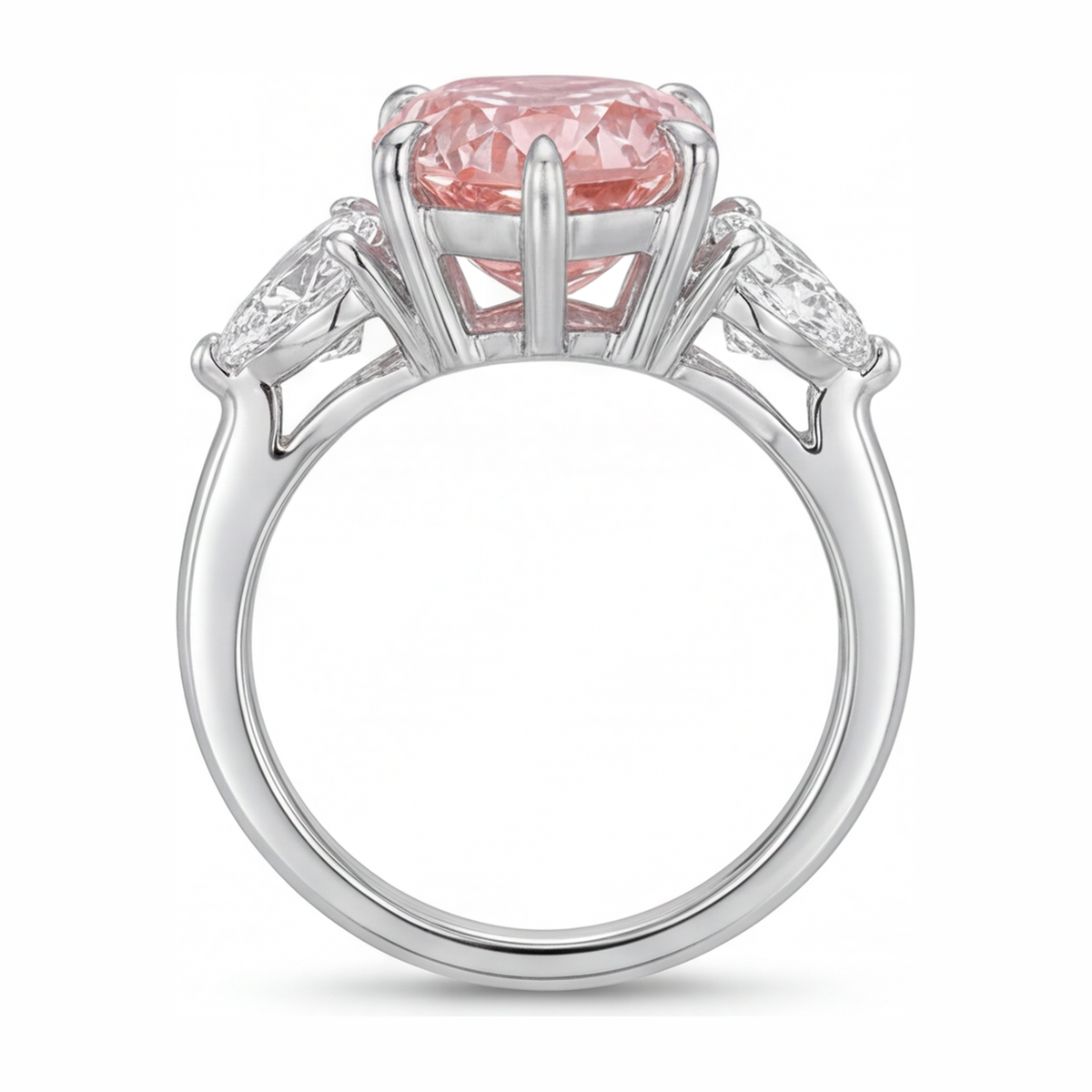 2.5 Carat Pear Pink Lab Grown Diamond and White Diamond Three Stone Ring 14K White Gold
