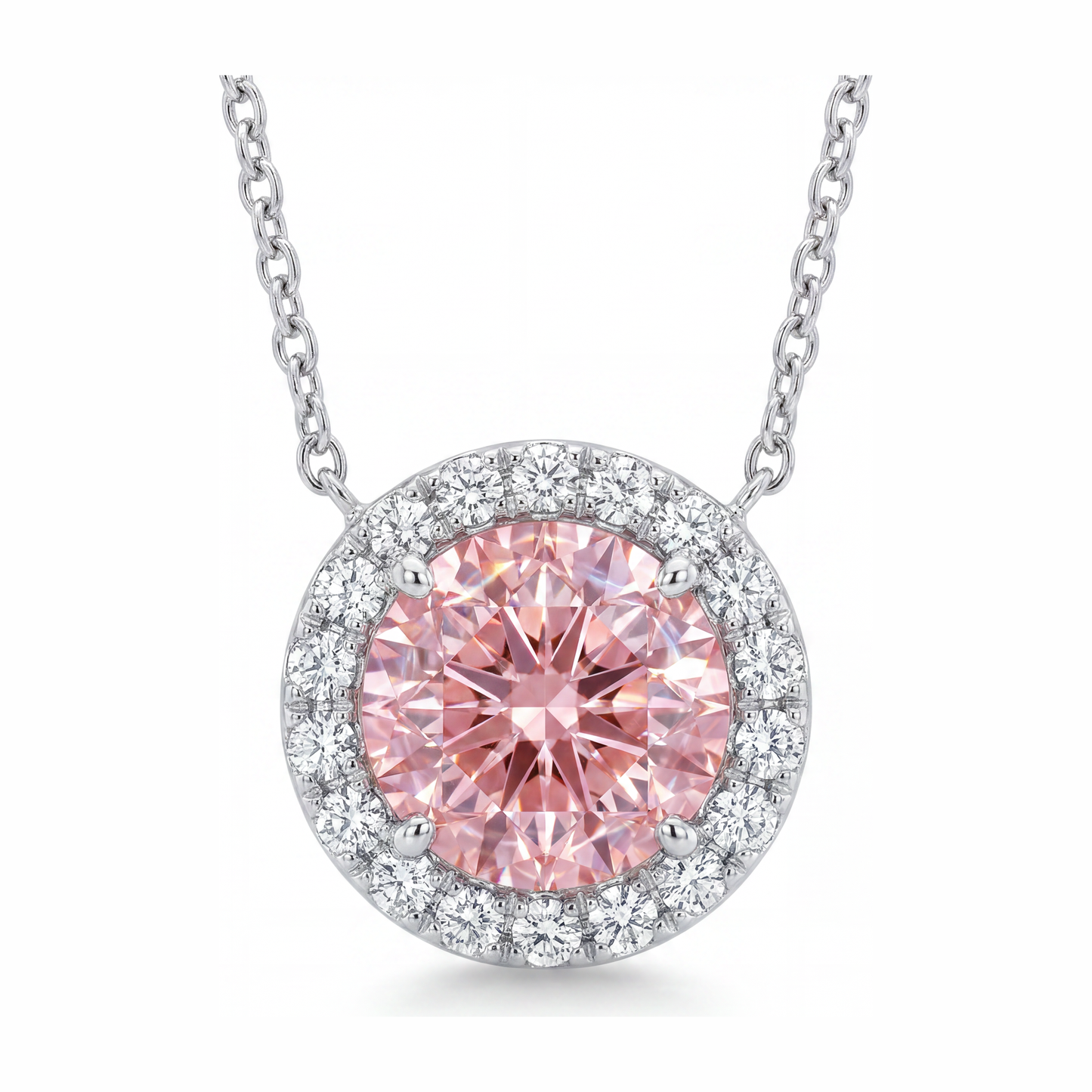 2.5 Carat Round Pink Lab Grown Diamond and White Diamond Halo Pendant 14K White Gold