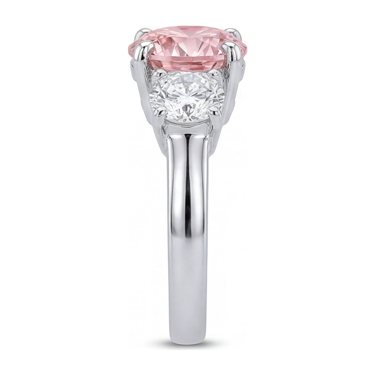 2.5 Carat Round Pink Lab Grown Diamond and White Diamond Three Stone Ring 14K White Gold