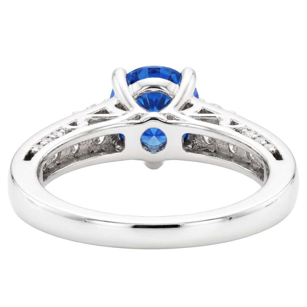 2.60 Carats Round Ceylon Sapphire Natural Earth Mined Diamonds Ring 14K White Gold