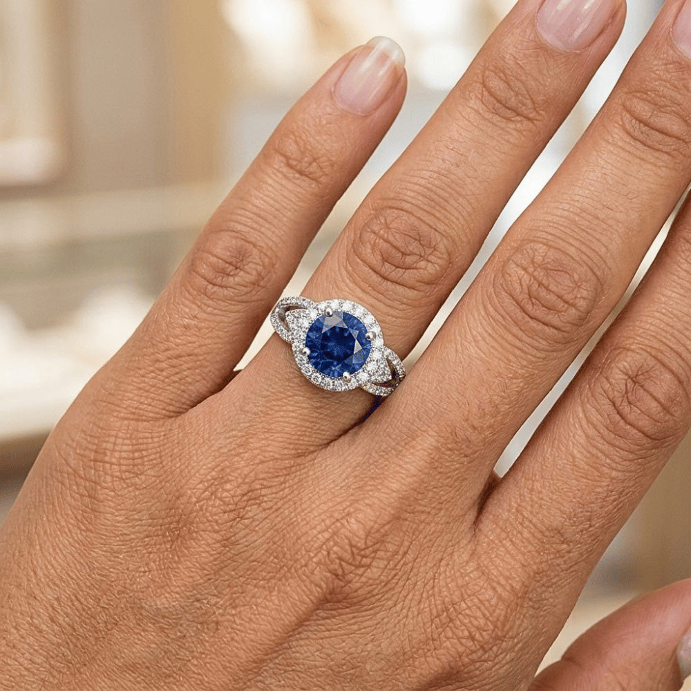 2.65 Ct Round Cut Sapphire And Natural Earth Mined Diamonds Ring White Gold